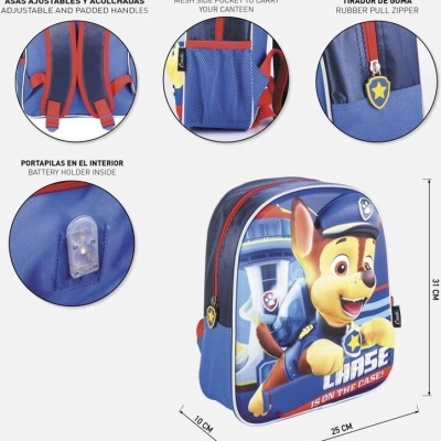 Mochila Pré-Escolar 3D com luz de Patrulha Pata