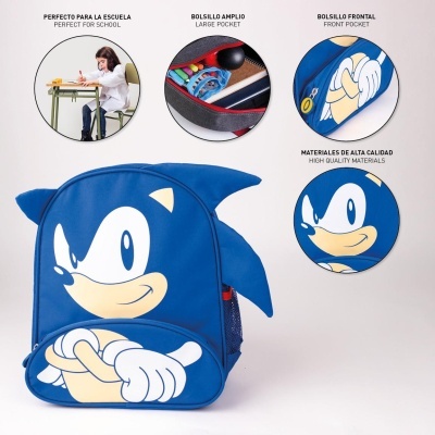 Mochila escolar azul com estampa do Sonic, bolsos e detalhes em relevo