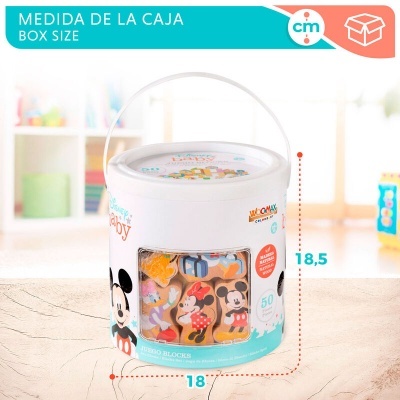 Caixa cilíndrica branca com blocos de construção Disney em ambiente doméstico