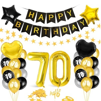 Decoração de aniversário com balões dourados e negros e guirlanda HAPPY BIRTHDAY