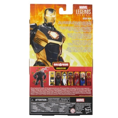 Embalagem traseira de figura de ação Iron Man Marvel Legends com armadura dourada e preta.