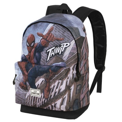 Mochila do Homem-Aranha com cores azul, vermelho e preto e texto 'TAWIP'.