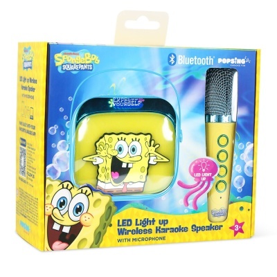 Coluna e microfone LED Bob Esponja para karaoke