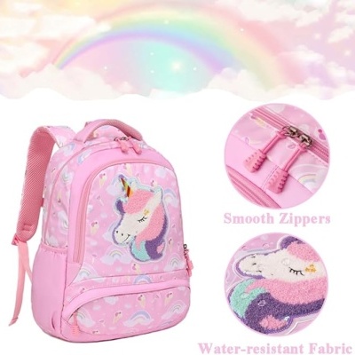 Mochila cor-de-rosa com unicórnio e zippers rosa
