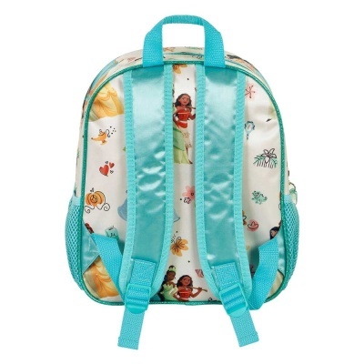 mochila infantil com alças azuis turquesa e estampas coloridas