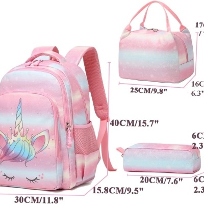 Conjunto Escolar - Mochila + lancheira térmica + porta-lápis - Unicórnio rosa arco-íris
