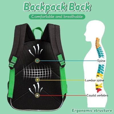 mochila preta com detalhes verdes e diagrama da coluna vertebral ao lado