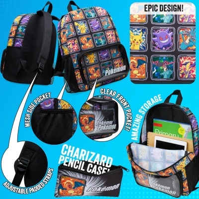 Mochila preta com estampas coloridas de Pokémon e estojo Charizard preto.