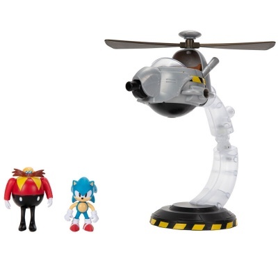 Figuras de ação do Dr. Eggman e Sonic com helicóptero cinza e base preta e amarela