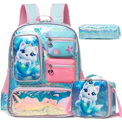 Conjunto Escolar Gatinha Sereia - Mochila + lancheira + porta-lápis