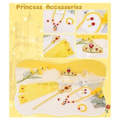 Conjunto de acessórios de princesa amarelos com detalhes vermelhos e tiara, apresentado em fundo branco com castelo amarelo ao fundo