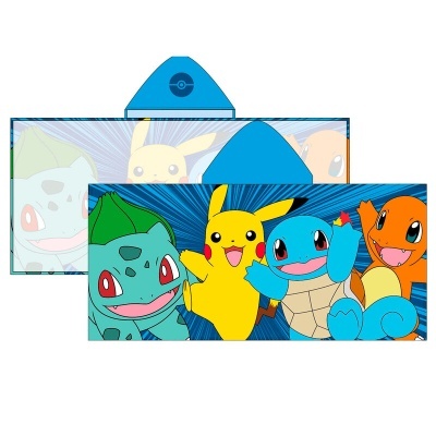 Toalha de banho com capuz azul e personagens Pokémon Pikachu, Bulbasaur, Squirtle, Charmander