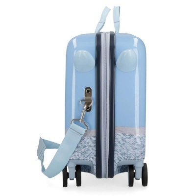 Mala de viagem rígida azul claro com rodas e alça ajustável vista lateral