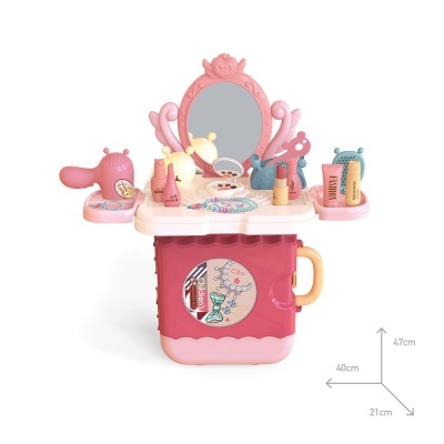 Brinquedo de penteadeira infantil rosa e vermelho com espelho e acessórios falsos.