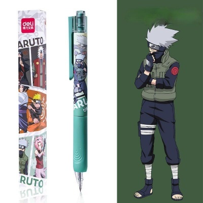 Caneta esferográfica Naruto com caixa decorada e personagem do anime ao lado