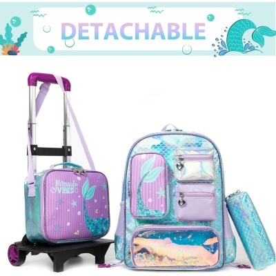 Conjunto escolar com mochila, mala com rodas e estojo em padrão cauda de sereia lilás e azul holográfico