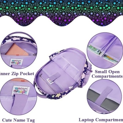 Mochila roxa com bolso interior, compartimentos e etiqueta para nome