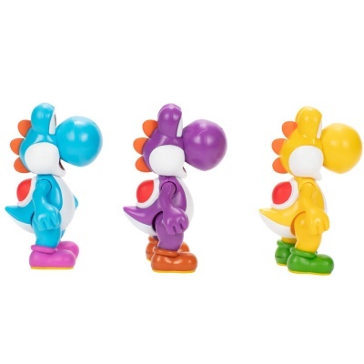 Três figuras de brinquedo dinossauro azul, roxo e amarelo em fundo branco