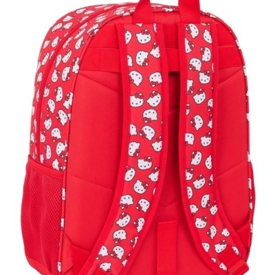 Mochila vermelha com padrão de gatos e alças almofadadas