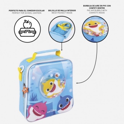 Mala térmica azul com tubarões e bolha PVC com confetes coloridos