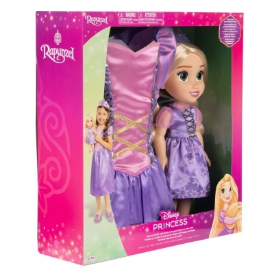 Conjunto Disney Rapunzel com vestido roxo e boneca em embalagem rosa