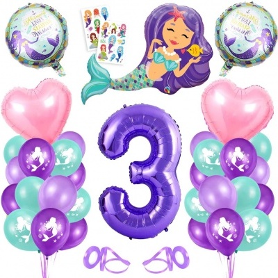 Conjunto de balões coloridos para festa com tema de sereia e número 3