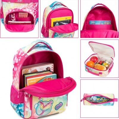 mochila infantil rosa com padrões coloridos, estojo com lápis e compartimento para alimentos