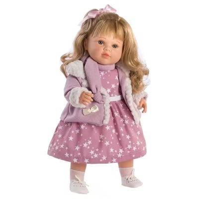 Boneca menina loira com vestido rosa de estrelas e casaco lilás