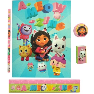 Conjunto escolar com caderno, lápis, régua, borracha e apontador com personagens de gatos e menina coloridos
