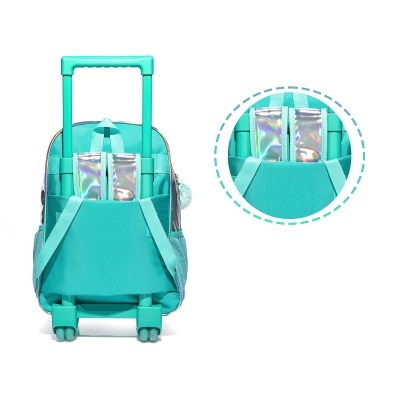 Mochila azul turquesa infantil com alças holográficas e rodas