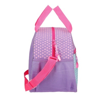 Mala de mão lilás com bolinhas rosas e alças rosa