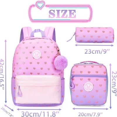 Conjunto Escolar Corações Rosa claro - Mochila Escolar + Lancheira + Porta-lápis
