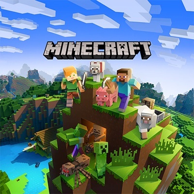 Imagem do jogo Minecraft com personagens, animais e criaturas em colina verde sob céu azul
