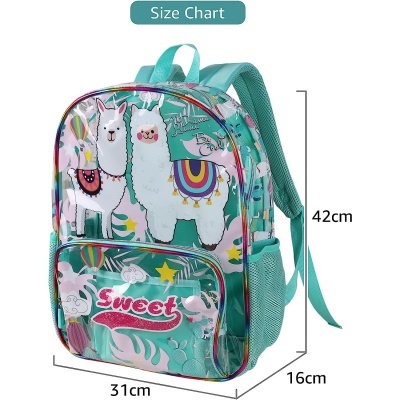 Mochila verde água com estampa de lhamas e bolso frontal transparente