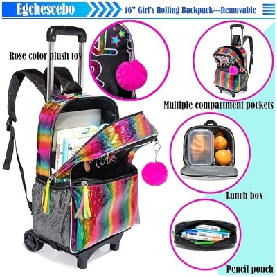 Mochila com rodas colorida para rapariga com vários compartimentos e acessórios