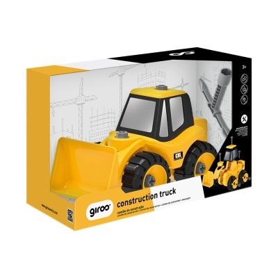 Brinquedo escavadora amarelo em embalagem com texto