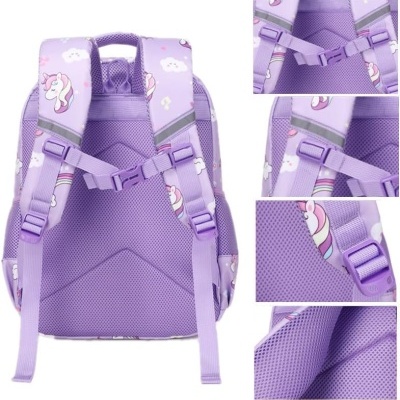 Mochila lilás infantil com padrão de unicórnios e alças acolchoadas ajustáveis