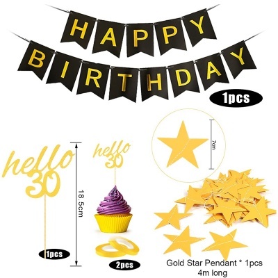 Conjunto decorativo para aniversário com bandeirolas, toppers e estrelas douradas