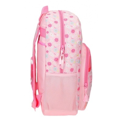Mochila rosa com padrão de flores e bolso lateral em rede