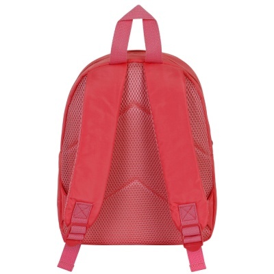 Mochila rosa vista de trás com alças acolchoadas e malha respirável