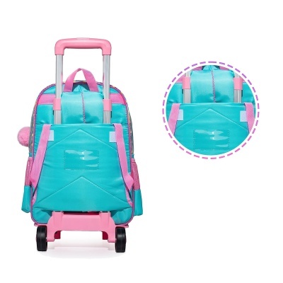mochila azul turquesa e rosa com carrinho de rodas