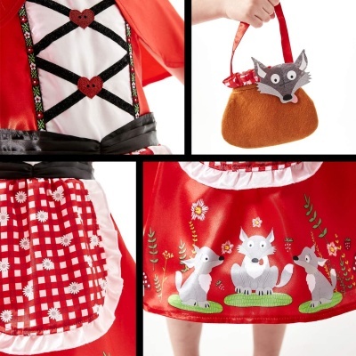 Roupas vermelhas com padrões florais, xadrez, corações e lobos e bolsa castanha com aplique de lobo.