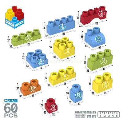 Peças coloridas de blocos de construção com dimensões e quantidades indicadas