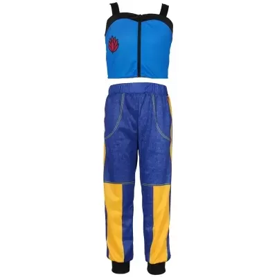 Conjunto feminino azul e amarelo com top e calças desportivas