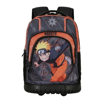 Mochila escolar com estampa do personagem Naruto em cinza, laranja e preto