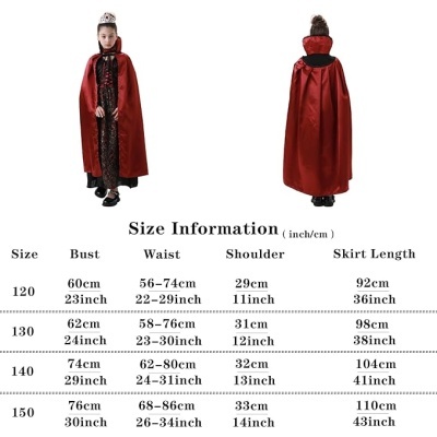 Capa vermelha com capuz para criança, tabela de tamanhos detalhada