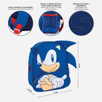 Mochila infantil Sonic azul com asas ajustáveis acolchoadas e bolso lateral de malha