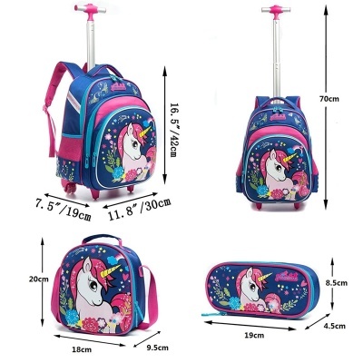 Conjunto escolar unicórnio com mochila de rodas, mochila pequena e estojo em azul, rosa e branco