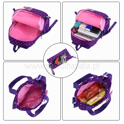 Mochila roxa com pontos brancos e interior rosa vista por vários ângulos