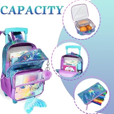 Mochila escolar metálica azul e lilás com padrão holográfico e vários compartimentos